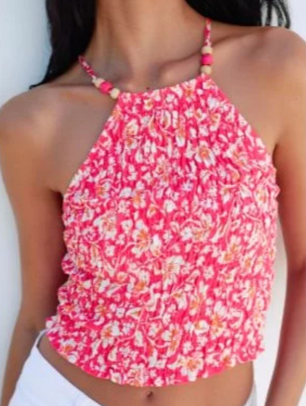 ZARA Printed Floral Smocked Halter Crop Top - Pink